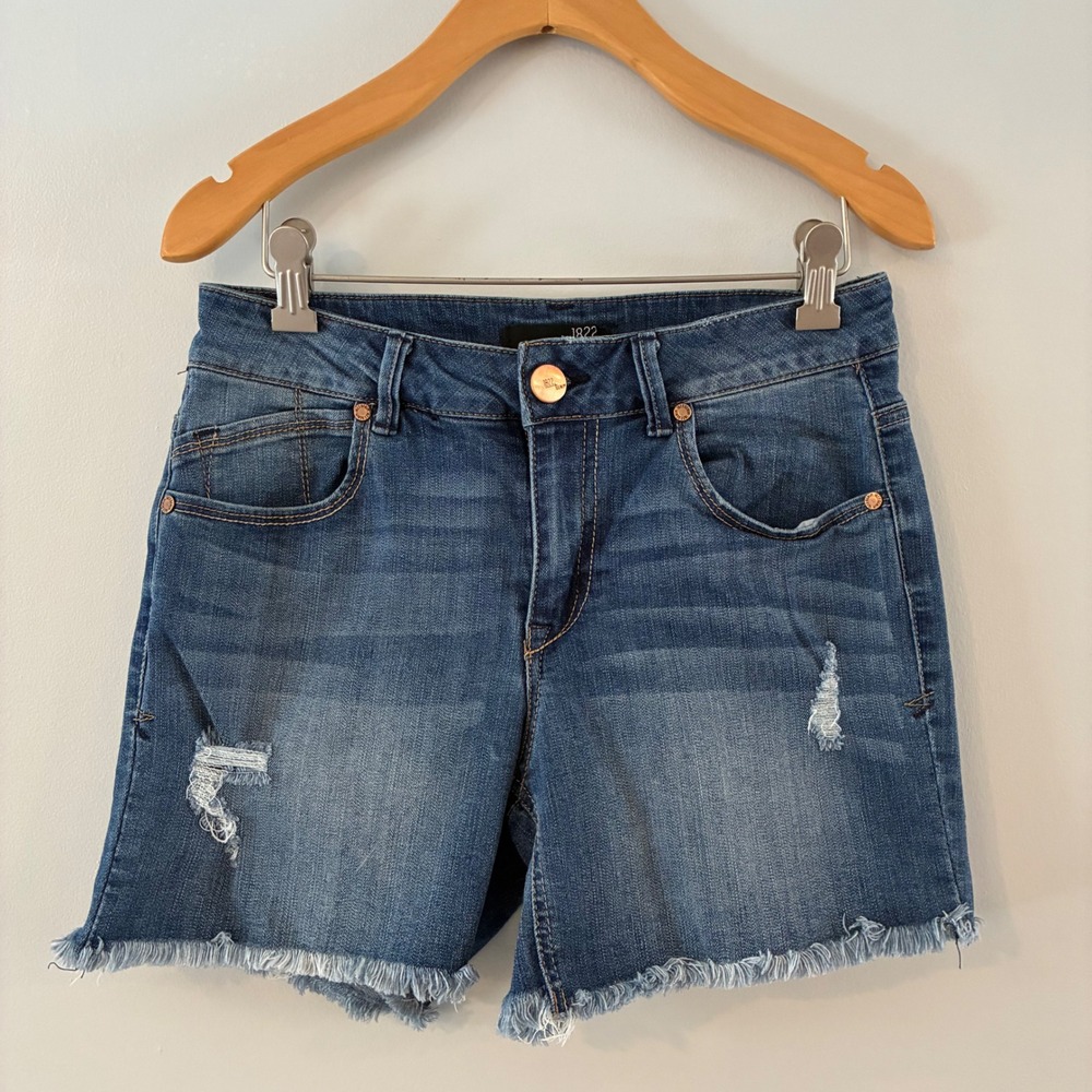 1822 Denim Womens Distressed Raw Hem Jean Shorts Medium Wash Blue Mid Rise